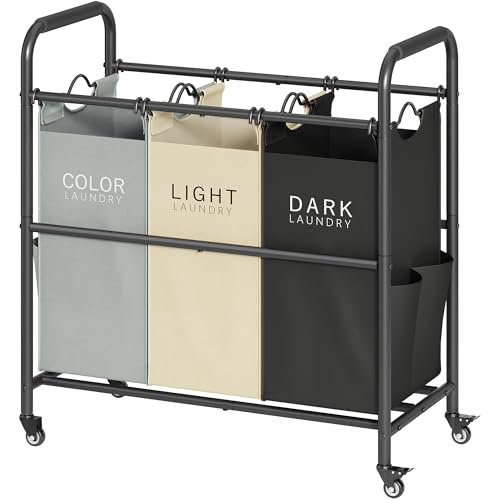 Tajsoon 3 Bag Laundry Sorter Cart, Laundry Hamper Sorter Basket with Heavy Duty Lockable Rolling Wheels for Clothes Storage, 3 Colors - color: GreyWhiteBlack, size: 3 Bag