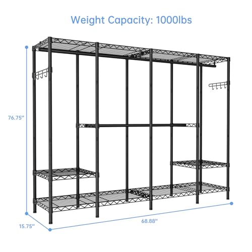 Golpart Heavy Duty Garment Rack Clothes Rack,Large Metal Closet Organizer System Storage Wardrobe,Freestanding Clothing Rack with Adjustable Wire Shelves& Hang Rods,MaxLoad 1000lbs - color: Black, size: 15.75"D x 68.9"W x 77"H