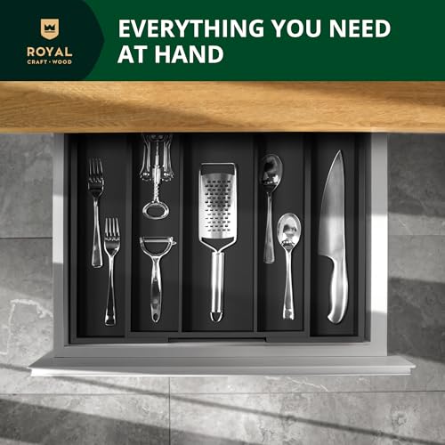 ROYAL CRAFT WOOD Luxury Bamboo Kitchen Drawer Organizer - Silverware Organizer - Utensil Holder and Cutlery Tray with Grooved Drawer Dividers for Flatware and Kitchen Utensils (5 Slot, Black) - color: Black, size: 5 Slot