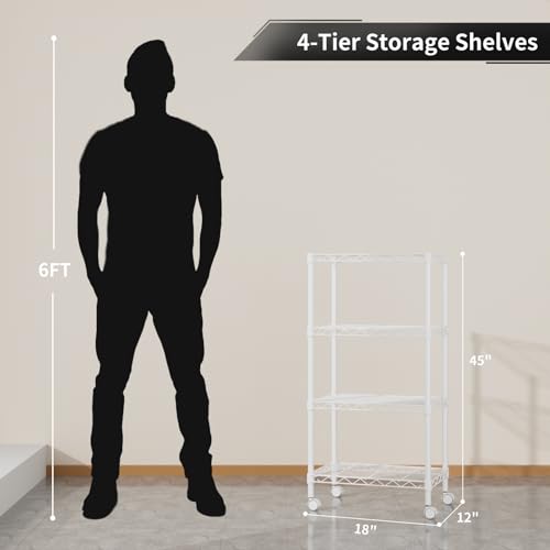 Golpart Small 4 Tier Shelves Storage Wire Shelving Unit Metal Shelf Adjustable Organizers Storage Shelving with Wheels for Bathroom Laundry Room Kitchen Pantry12”D x 18”W x 44.8”H White - color: White, size: 4 shelves (12 "D X 18 "W X 44.8 "H)