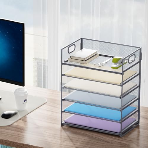 Marbrasse 6 Tier Paper Organizer Letter Tray - Mesh Desk File Organizer with Handle, Paper Sorter for Letter/A4 Office File Folder Holder - Grey - color: 6 Tier - Grey