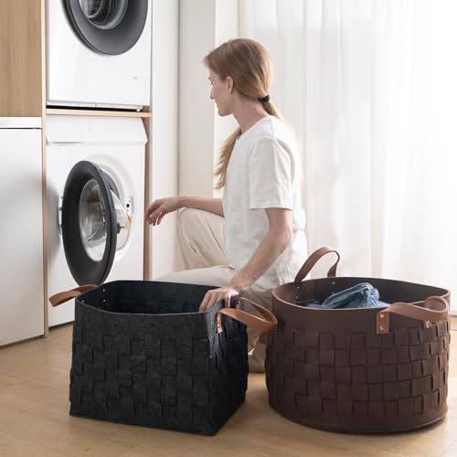 BOLDMONKEY Laundry Basket 20" x20 " x11.8 ", Large Felt Fabric Blanket Basket with Leather Handle, Dirt Clothes Laundry Hamper Round for Babies, Dogs and Living Room-Brown - color: Wood Brown