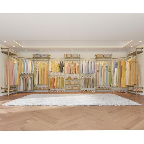 Timate F4 Wall Mounted Clothes Rack Industrial Pipe Clothing Rack for Hanging Clothes, Expandable Garment Rack Heavy Duty Wardrobe Closet Organizer and Storage, Adjustable Industrial Closet Kit, Gold - color: Gold