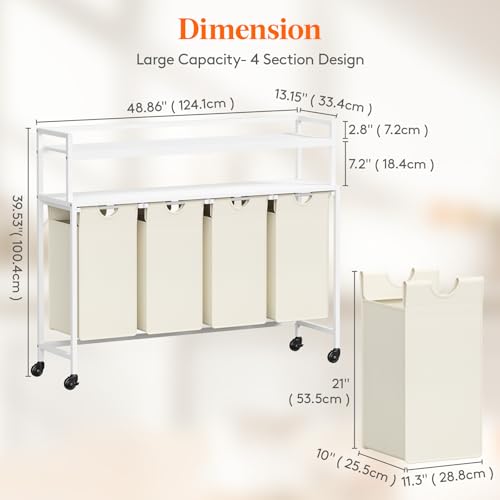 Lifewit Laundry Hamper 4 Section, 168L Pull out Laundry Clothes Basket Organizer with Large Top Shelf and 4 Removable Bags and Handles for Laundry Room Bedroom Bathroom, White with Shelves and Wheels - color: White, style: Laundry hamper with shelves and