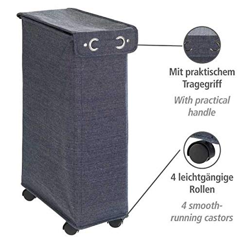 WENKO Slim Laundry Basket with Wheels, Thin Laundry Hamper, Rolling Laundry Bin with Lid, Space Saving Narrow Laundry Hamper for dirty Clothes Storage, 23.6 x 15.8 x 7.3 in, Blue - color: Blue Denim