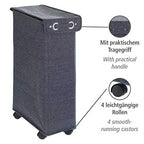 WENKO Slim Laundry Basket with Wheels, Thin Laundry Hamper, Rolling Laundry Bin with Lid, Space Saving Narrow Laundry Hamper for dirty Clothes Storage, 23.6 x 15.8 x 7.3 in, Blue - color: Blue Denim