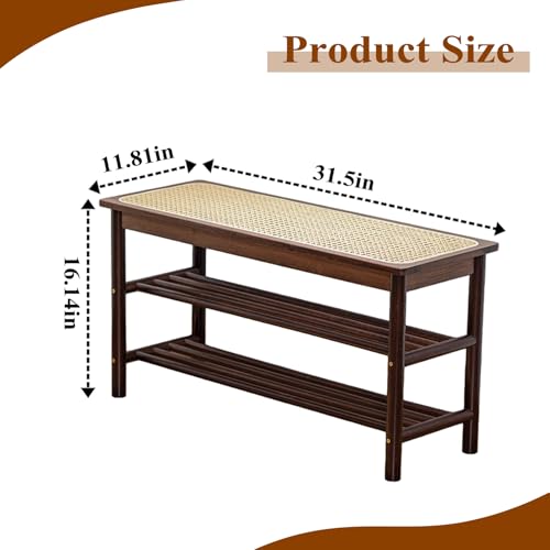 Bamboo Entryway Bench with Woven Rattan Seat, 2-Tier Shoe Storage Bench for Hallway & Entryway 31.5 inches Walnut - color: Walnut, size: 31.5 inch