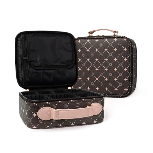 Travel Makeup Bag,Waterproof Cosmetic Organizer, Adjustable Dividers,Portability Cosmetic Train Case,Makeup organizer,Gift for Women,Girls Gift (Coffee+Pink) - color: Coffee+Pink