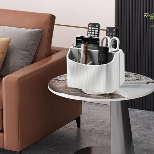 PU Leather Remote Control Holder, 360 Degree Rotating Desk Organizer Storage Table Remote Caddy, Spinning Bedside Organizer Nightstand Organizer for Desktop Office Home (White) - color: White