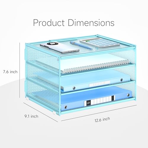 Lavatino 3-Tier Letter Tray Desk Paper Organizer – Blue Mesh Metal File Tray Organizer for Desk, Office Supplies & Home Organization | Fits A4/Letter Paper, Mail, Magazines and Office Accessories - color: 4-tier No Handle - Blue