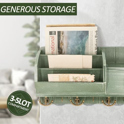 Rebee Vision Farmhouse Key Holder Wall Mount with Mail Sorter - Stylish Mail Organizer with Key Hooks and Drawer Organizer for Home Decor - Rustic Apartment Essentials for Home Improvement (Green) - color: Green