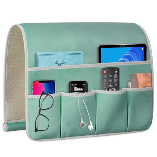 Remote Control Holder for Armchair Caddy, Couch TV Remote Holder for Bed Storage 5 Pockets，Remote Caddy Bedside Organizer Bedside Table Organizer (MintGreen, 35''x18'') - color: MintGreen, size: 35''x18''