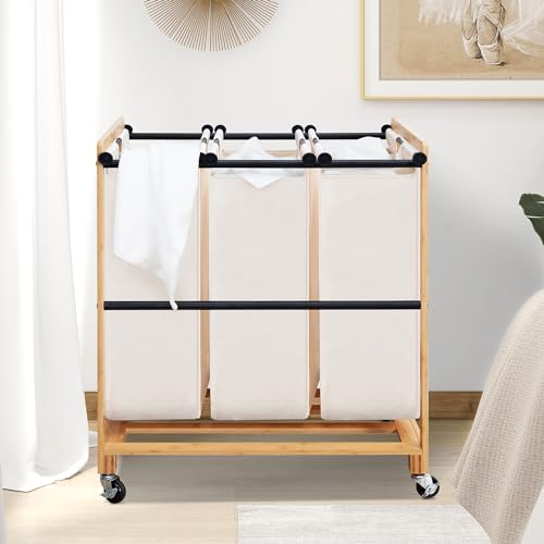 STO STO 3-Section Laundry Sorter with Bamboo Frame, Rolling Laundry Hamper Basket with Removable Bags and Lockable Wheels, Laundry Cart for Clothes Storage in Bedroom & Laundry Room, Beige - size: 3-Section