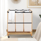 STO STO 3-Section Laundry Sorter with Bamboo Frame, Rolling Laundry Hamper Basket with Removable Bags and Lockable Wheels, Laundry Cart for Clothes Storage in Bedroom & Laundry Room, Beige - size: 3-Section