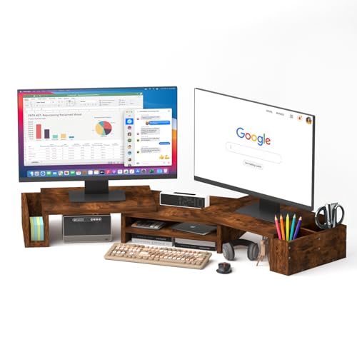 Wood Dual Monitor Stand Riser, Desk Organizers and Accessories with Storage Pen Holders, Adjustable Length and Angle 3 Shelf Extra Long 46" Desktop Organizer for 2 Monitors, Computer, Laptop, TV,Rustic Brown (Triple) - size: Triple