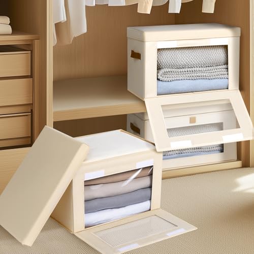 Homsorout Collapsible Storage Bins - Large Closet Organizer with Handles & Window, Decorative Storage Boxes, Fabric Containers for Living Room, Dorm, 4 Pack, Beige - color: Beige, size: Large - 4 Pack