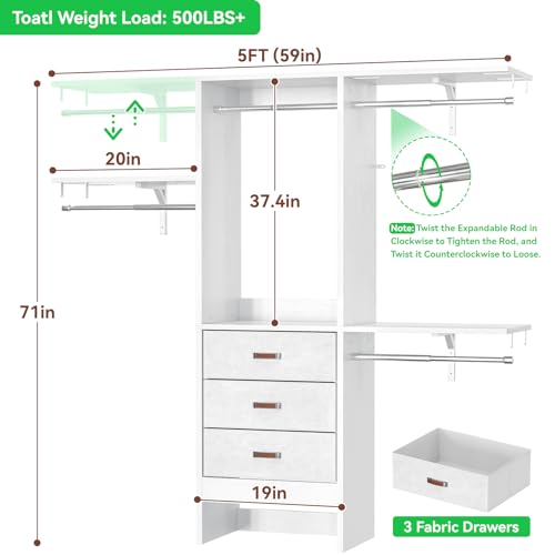 Armocity 5FT Small Closet System with 3 Fabric Drawers, 60 Inches Walk In Closet Organizer System With 3 Adjustable Shelves, Heavy Duty Clothes Rack Built-In Garment Rack, 59" L x 16" W x 71" H, White - color: White