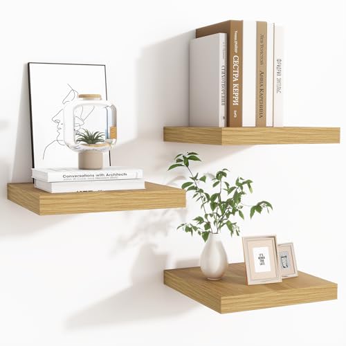 Fun Memories Floating Shelves for Wall - 9.3 Inch Square Shelves with Invisible Brackets, Small Wall Shelf for Living Room, Bathroom, Bedroom, and Kitchen Decor Set of 3 - color: Oak, size: 9.3"W x 9.3"D - 3P