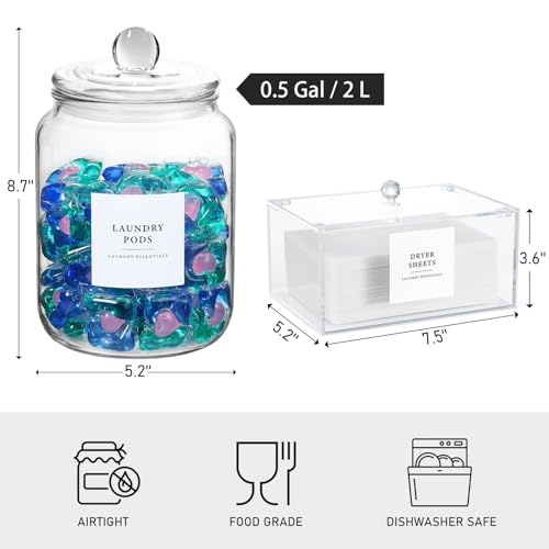 Glass Jars and Dryer Sheet Holder, Dispenser Set with Lids and Labels, Containers for Laundry Room Organization and Storage, Half Gallon Airtight Glass jars, Acrylic Storage Box for Laundry supplies, - color: Clear