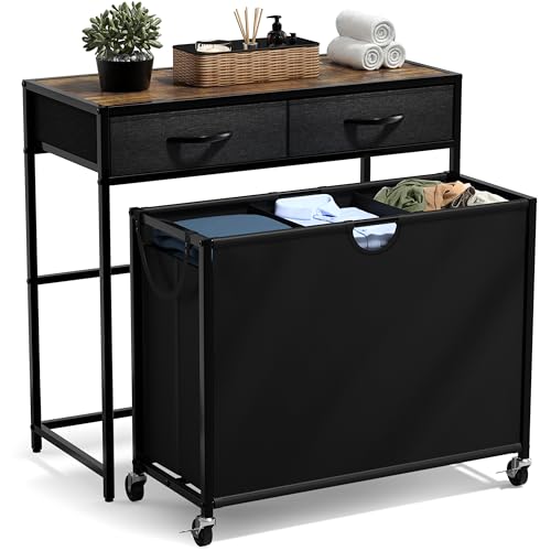 Sorbus 3 Section Laundry Hamper with Shelf and 2 Drawers for Laundry Room Organization, Laundry Basket with Wheels, Rolling Laundry Hamper, Laundry Sorter for Optimal Storage and Organization (Rustic) - color: Rustic