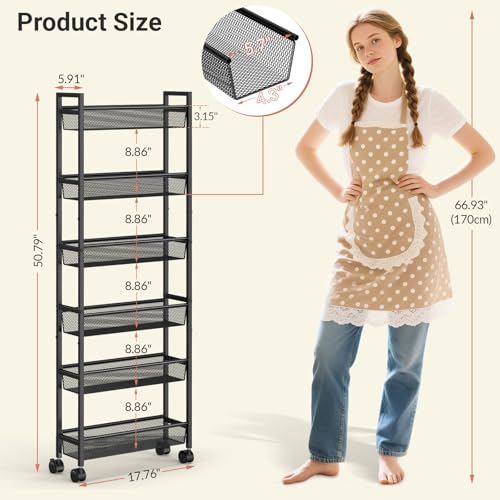 ThreeHio 6 Tier Slim Storage Cart, Narrow Cart with Wheels, Metal Mobile Shelving Unit Organizer for Kitchen, Bathroom, Laundry Room, Living Room & Narrow Spaces, Black, 6in(W) - color: Black, size: 6 Tier(6 inches)