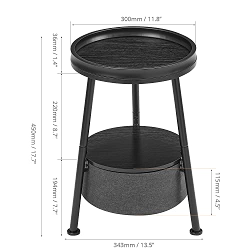 LEMONDA Small Round Side Table with Storage Basket, 11.8" Compact End Table with Tray Top & Fabric Bin, Black Wood Bedside Nightstand for Living Room, Bedroom, Small Spaces - color: Black