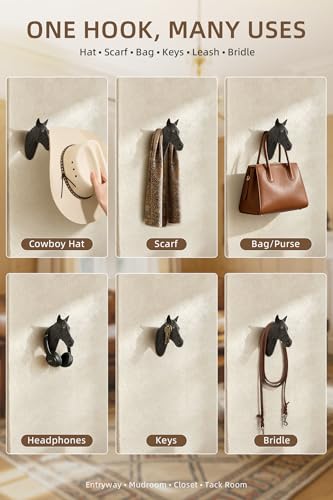 Cast Iron Horse Head Wall Hook, Western Decorative Hook, Equestrian Tack Room Decor Bridle Hook for Barn Stable Stall Door, and Coats, Performs Good in Any Home or Office Space - color: Horse Head Rustic Black
