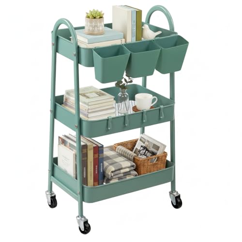 danpinera 3-Tier Rolling Cart, Utility Cart Mobile Metal Rolling Storage Cart with Lockable Wheels & Hanging Cups & Hooks for Kitchen, Bathroom, Office, Workshop, Green - color: Green, size: Normal (3 tier)