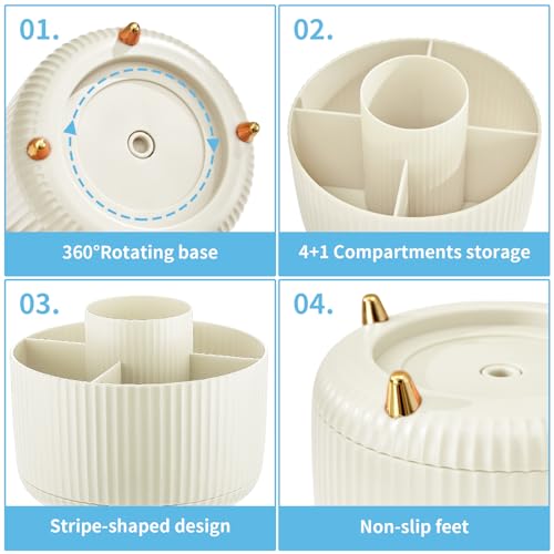 Marbrasse Desk Organizer, 360-Degree Rotating Pen Holder, 5-Compartment Pencil Organizer, Art Supply Storage Box Caddy for Office and Home (Ivory) - color: Ivory