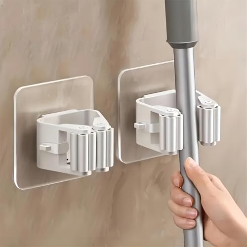 2Pcs Broom Holder Mop Hanger Wall Mount Hook Plastic Easy Install No-Drill Strong Adhesive Organizer - color: White, size: 2 Pcs