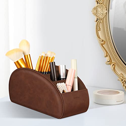 Large Remote Control Holder with 5 Compartments, KENOBEE Anti-slip Desktop Caddy Storage Organizer for Phone, Remote Controllers, Office Supplies, Makeup Brush, Media Accessories,Brown - color: Brown, size: Large