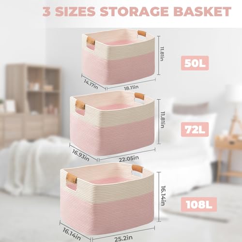 danpinera Woven Rectangle Storage Basket, Large Blanket Basket for Living Room,Kids Room, Storage Bin Box with Handle for Pillows, 22’’*17’’*11.8’’, 72L, White/Pink - color: White+Pink, size: 72L