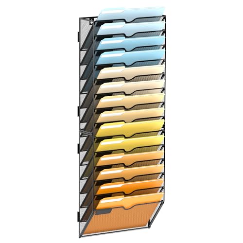 SUPEASY 14 Tier Wall File Organizer, Hanging Wall Mounted Mail Organizer with Label Slots, Metal Mesh File Holder Magazine Rack for Office, Home, School or Classroom, Black - color: Black, size: 14-Tier