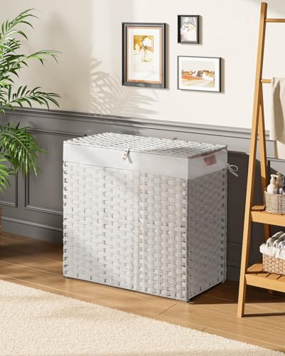Greenstell Laundry Hamper with lid, No Install Needed, 130L Wicker Laundry Baskets Foldable 2 Removable Liner Bags, 2 Section Clothes Hamper Handwoven Rattan Laundry Basket with Handles, White - color: White, size: 130L (26.2x13.3x24.0 Inches)