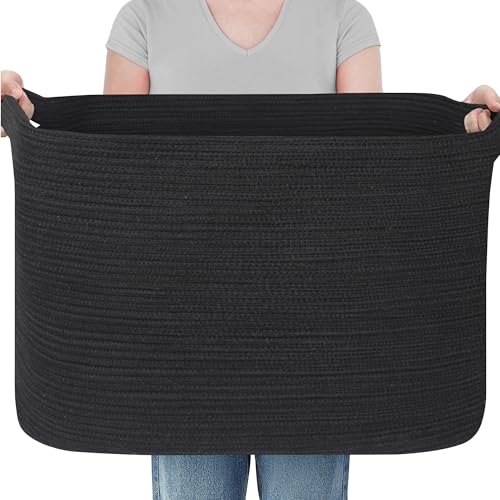MEGASKET 108L Extra Large Storage Basket, 25" x 16" x 16" Black Blanket Basket Living Room, Oversized Cotton Rope Blanket Storage, Woven Kids Dog Toy Bin Box Organizer, Laundry Shoes Towel Bin, Black - color: Black, size: 25"x16"x16"