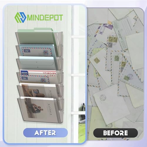 MINDEPOT 6 Pockets Acrylic Wall File Organizer, Clear Wall File Holder, Plastic Hanging Wall File Holder for Office, School and Home, Smoky - color: Smoky, size: 6Pack