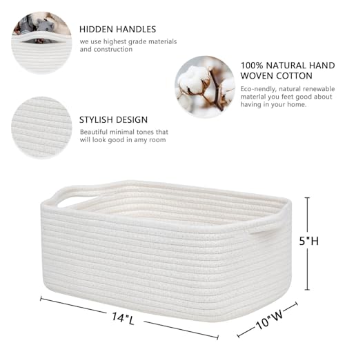CubesLand Cute and Durable Small Cotton Rope Basket for Organizing, Woven Closet Storage Bin,Shelves Closet Storage Basket, Bathroom Storage Organizer Bin, Nursery Toy Basket Bin, White Basket - color: White, size: 14''x10''x5''
