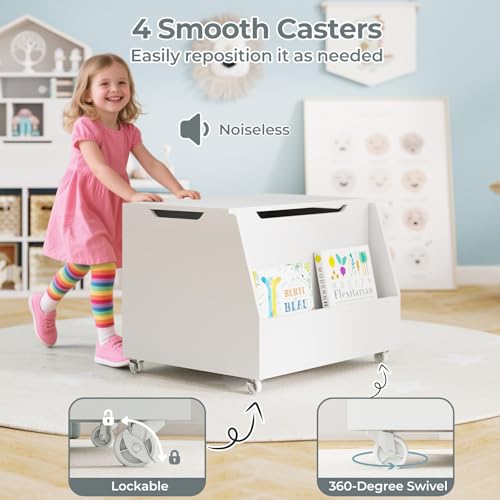 Costzon Kids Toy Box, Wooden Mobile Toy Storage Organizer with Bookshelf & Lockable Wheels for Girls Boys, Toy Storage Chest Bench for Toddler Room, Playroom, Bedroom, Living Room, Nursery - color: White, style: Classic