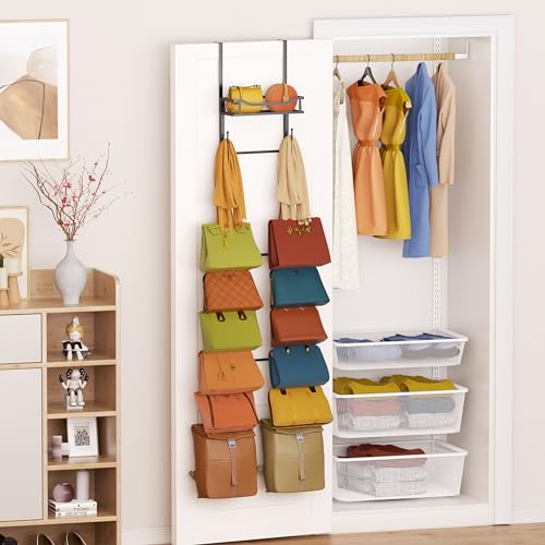 SWTYMIKI Over The Door Purse Organizer - Wall Mounted Purse Rack with 16 Hooks and Metal Basket, Handbag Hanger Organizer Holds up to 16 Bags, Bag Rack Can Use As 1/2 Part, for Door, Closet - color: Black, size: 9-Tier