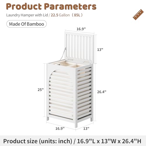 FILWH Laundry Hamper with Lid (16.9 * 13 * 26.5inches) Large Bamboo Laundry Bin Basket 85L Clothes Hamper with 1 Removable Bag Storage baskets for Bathroom (White) - color: White