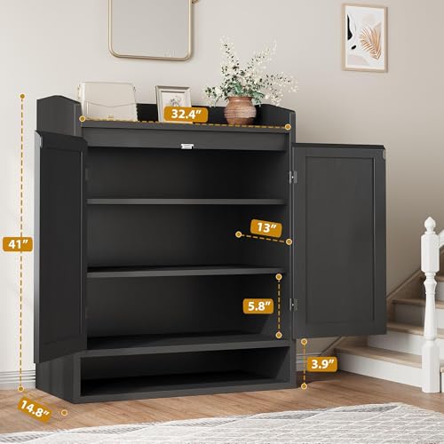 GarveeHome Modern Rattan Shoe Cabinet for Entryway, Wooden Shoe Storage Organizer with Adjustable Shelves, Closed Dustproof Shoe Rack for Hallway, Bedroom, Living Room, Black - color: Black