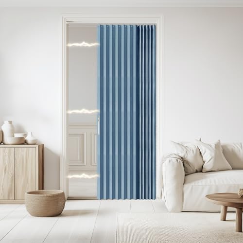 Jilron Accordian Door Curtain, 100% Blackout Folding Magnetic Doorway Curtains,Linen Style Closet Doors,for Room Divider,Privacy Protection（W52 x L78,Blue,1 Panel） - color: Blue, size: 52"W x 78"L (Pack of 1)