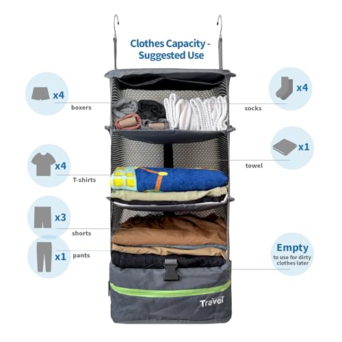 Grand Fusion Stow-N-Go Packing Organizer for Luggage, Portable Hanging Travel Shelves, Carry-On Closet, Hanging Packing Cubes, Collapsible Carry-On Organizer for Cruises & Hotels. Dark Gray - L - color: Dark Gray, size: L = (L) 11.8" x (W) 11.8"