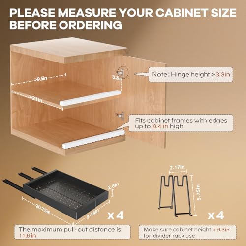 Seinloes 4 Pack Pull Out Cabinet Organizer 21" Deep with Raising Pad for Framed Cabinets, Expandable (9"-14" W) Slide Out Drawers for Kitchen Cabinets with 4pcs Divider Racks, Roll Out Shelves, Black - color: Black, size: 9"-14"W x 21"D(4Pack)