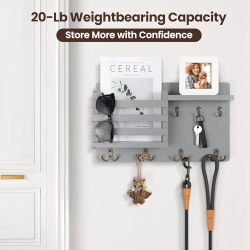 Nekon Mail Holder for Wall Mail Organizer with Key Hooks Hallway Farmhouse Decor Storage Racks with Floating Shelf and Flush Mount Hardware (16.8Inch x 10Inch x 3.2Inch) (Gray) - color: Gray