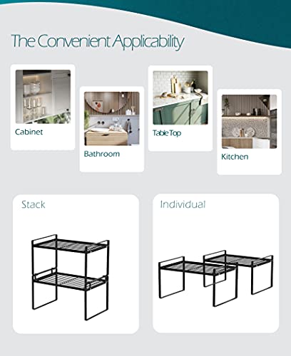 Shantton 2 Pack Kitchen Cabinet Shelf Counter Organizer Rack Pantry Storage Bathroom Bedroom Office Table Desk Space Saving Steel Frame Stackable Rust Resistant Non Slip Black - color: Black, size: L13" W8.3" H7.3"