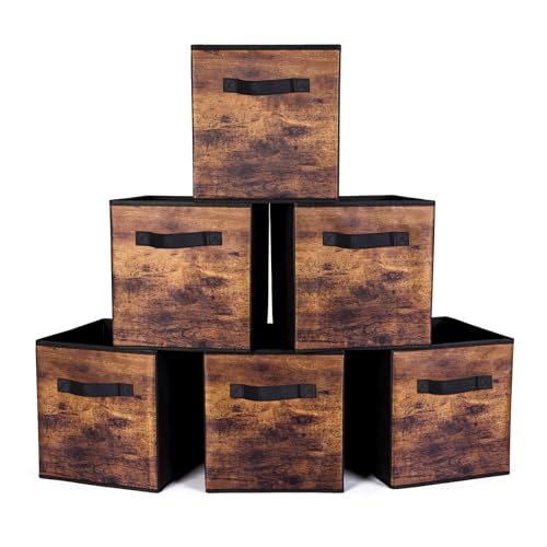 13 Inch Fabric Storage Cubes, 6 Pack Foldable Storage Bins with Handle, Fabric Cube Box for Shelves, Closet, Bedroom, Living Room, Organizer, Rustic Brown and Ink Black - color: 6 Pack Brown Black, size: 13 Inch