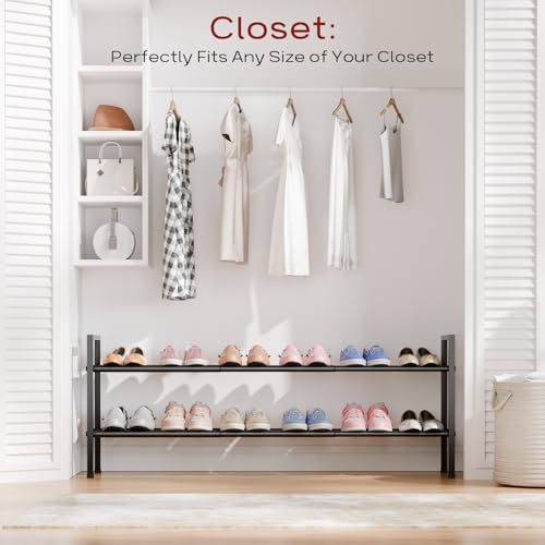 Bumusty 2-Tier Long Expandable Shoe Rack for Closet, 18"-44" Adjustable Shoe Rack for Entryway, 10-12 Pairs Large Shoe Organizer Shelf Storage, Sturdy Metal, Black - color: Black, size: 2-Tier