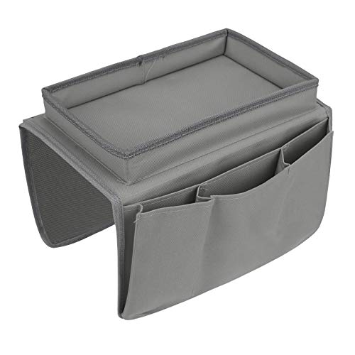 Durable Oxford Couch Sofa Armrest Organizer No-Slip Cloth Arm Chair Caddy Bedside Storage Pocket with Top Tray TV Remote Holder Bed Storage Bag for Cellphone Tablet Notepad Book Magazines DVD Glasses - color: Style-2:grey