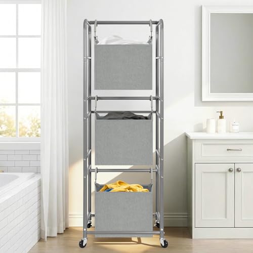 150L 3-Tier Vertical Laundry Hamper Sorter with Water-Resistant Removable Bag, Rolling Laundry Cart with Wheels & Brakes for Apartment, Dorm, Bathroom, Laundry Room, Grey